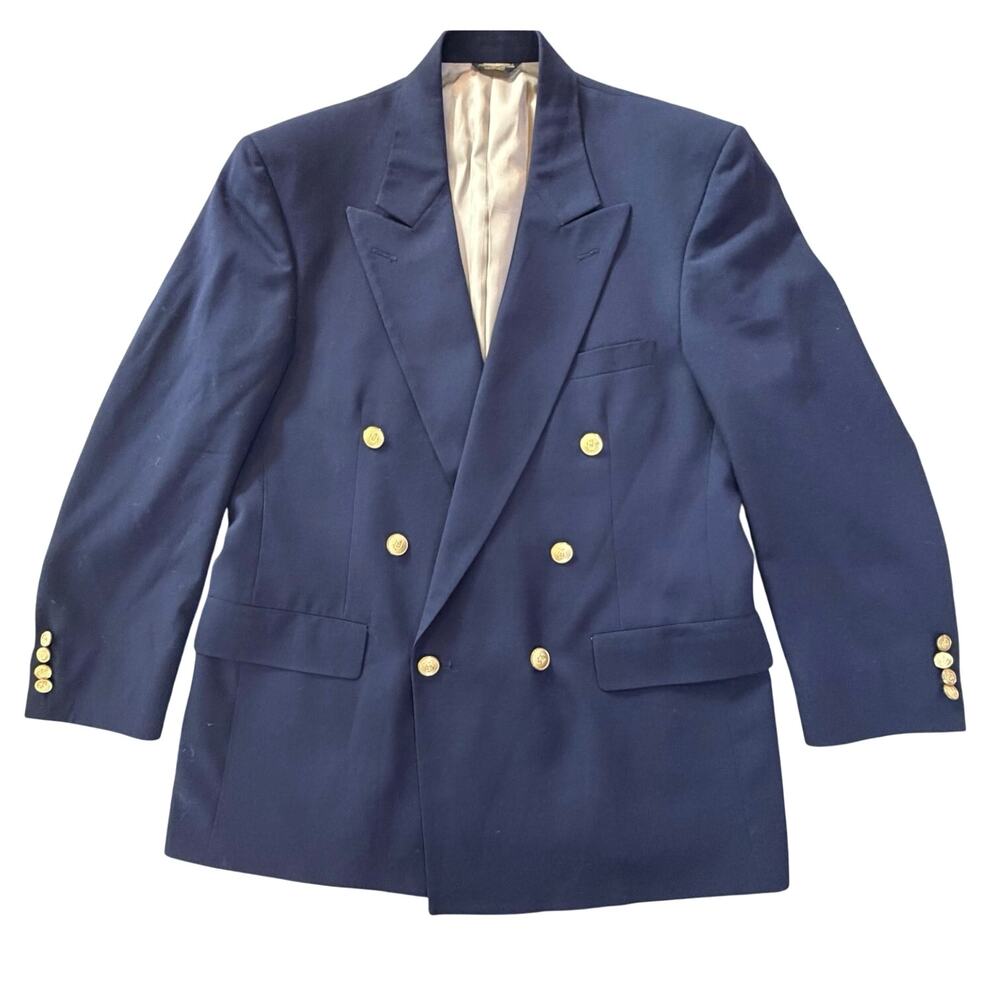 Vintage Navy Blue Double Breasted Blazer 100% Wool Gold Crest Buttons USA SZ 44R